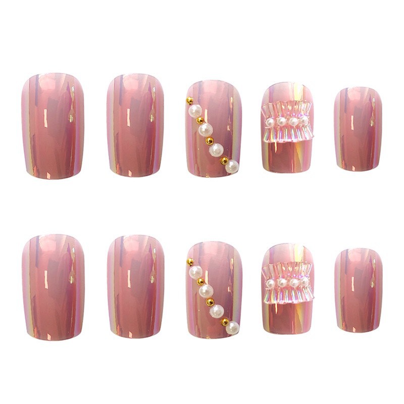 Set 24 móng tay giả tráng gương đính charm ngọc ánh kim đẹp lung linh NT01