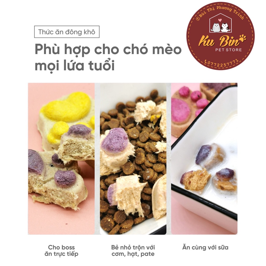 ￼Bánh thịt xay sấy khô, bánh chân mèo đông khô, snack thưởng cho chó mèo hamster gói 5g