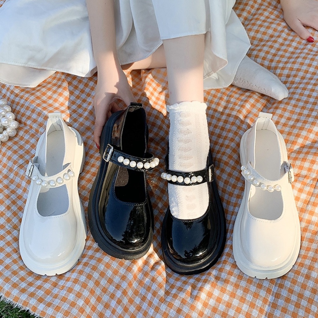 [NOWSHIP] Giày Lolita Nữ HENBI Mary Quai Ngọc Hột Soàn Da Bóng Màu Đen/Kem Quai Cài Hot Mới Cá Tính Xinh Đẹp Thời Trang
