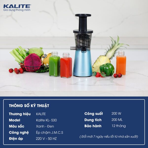 Máy ép chậm Kalite KL-530 Ép kiệt 98% không làm mất đi hương vị và giá trị dinh dưỡng của củ quả .Bảo hành 12