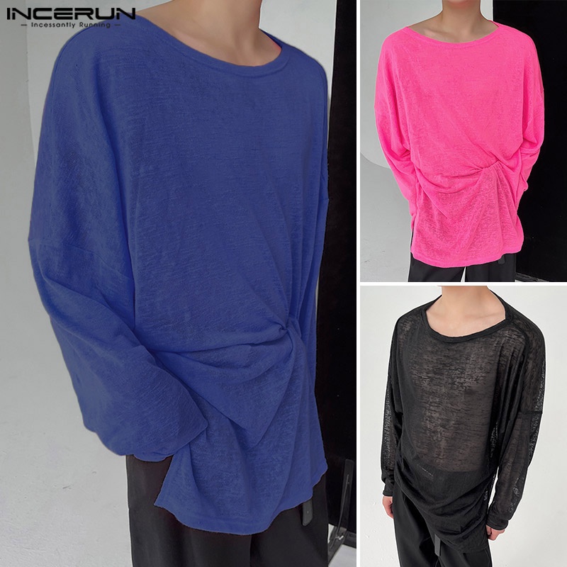 Áo thun INCERUN tay dài cổ tròn phối lưới xuyên thấu 3 màu sắc tùy chọn cho nam