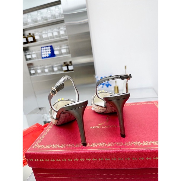 Giày cao gót mũi nhọn quai hậu đính đá hình hoa thương hiệu Rene Caovilla da thật cao cấp
