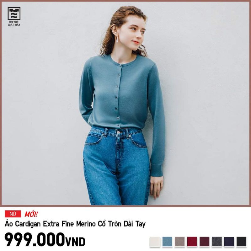 (UNIQLO Nhật chính hãng) Áo cardigan len lông cừu Merino cổ tròn dài tay ( Extra Fine Merino Crew Neck)