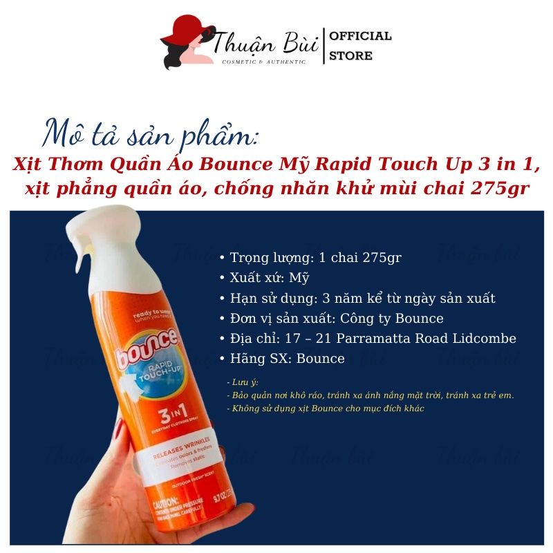 Xịt Thơm Quần Áo Bounce Mỹ Rapid Touch Up 3 in 1, xịt phẳng quần áo, chống nhăn khử mùi chai 275gr