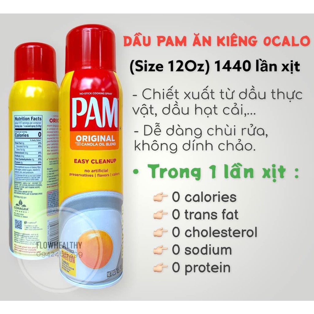 Dầu ăn kiêng 0 calo 💥 CAO CẤP 💥 Dầu hoa cải PAM dạng xịt Chai 12oz 1117 lần xịt Phù hơp cho người giảm cân