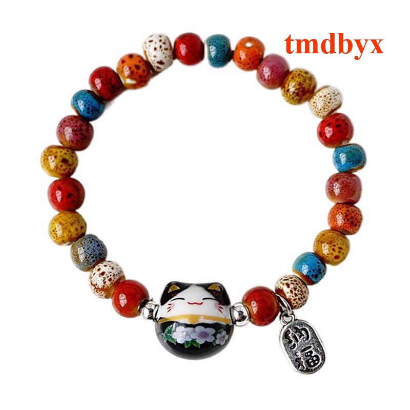 Tmdbyx Vòng Tay Chuỗi Hạt Đá May Mắn Mặt Hình Mèo Bằng Gốm Sứ Kiểu Dáng Đơn Giản Cho Nữ