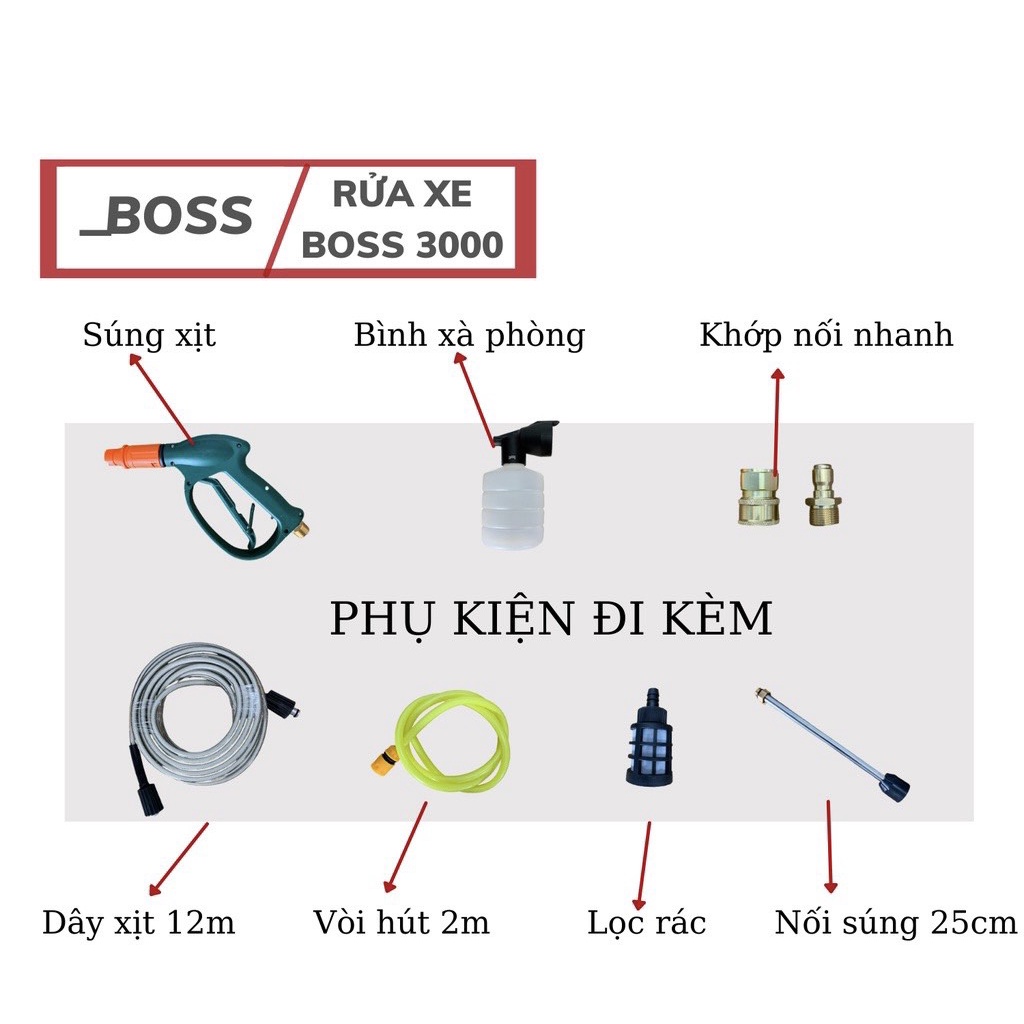 Máy rửa xe có chỉnh áp thương hiệu BOSS công suất 3000W chuyên dùng xịt rửa xe, vệ sinh nhà cửa