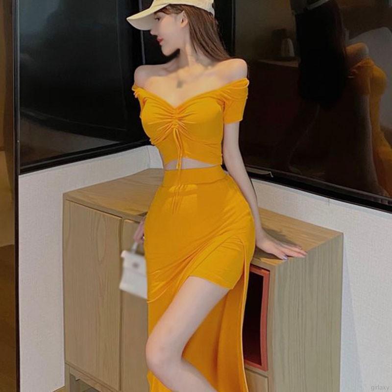 Bộ Áo Thun Dáng Ôm Cổ Chữ V + Chân Váy Xẻ Tà Quyến Rũ Phong Cách Hàn Quốc Cho Nữ