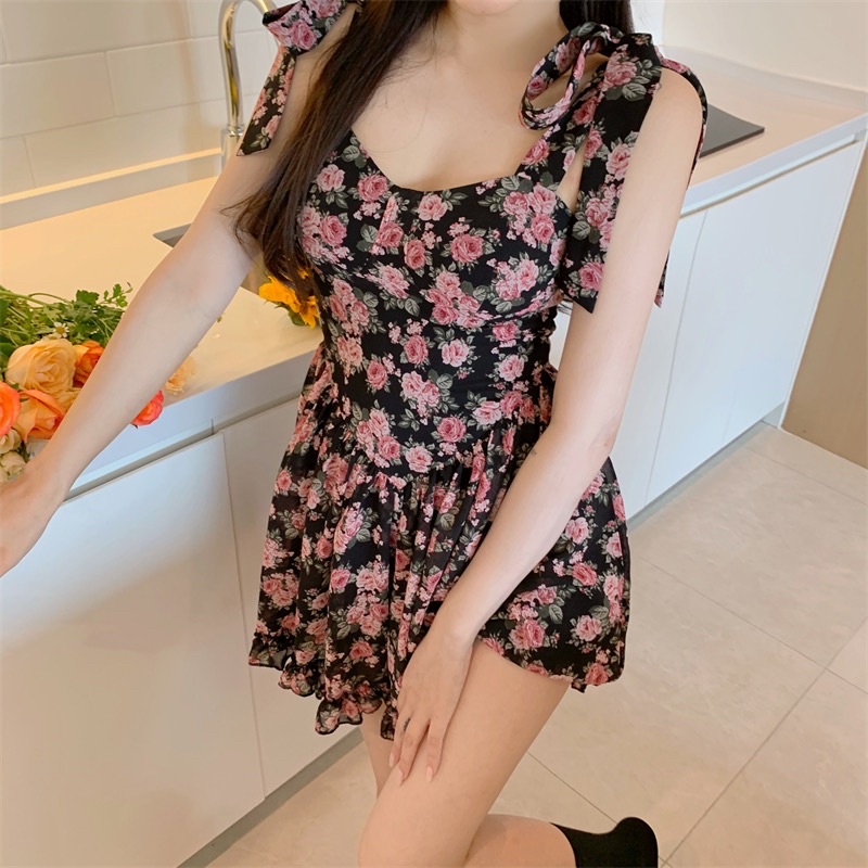 Đầm hoa hai dây buộc nơ dáng xoè phong cách tiểu thư hàng QC 2023