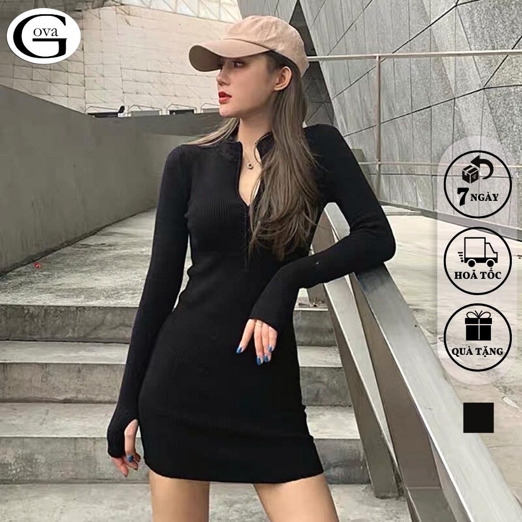 Đầm Body Phối Khoá Kéo Trước Thiết Kế Cổ Chữ V Quyến Rũ Váy Ôm Dáng Nhún Eo Nữ Dài Tay GOVA