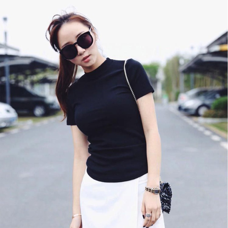 Áo Thun Tay Ngắn Cổ Lọ Màu Sắc Đơn Giản Cho Nữ