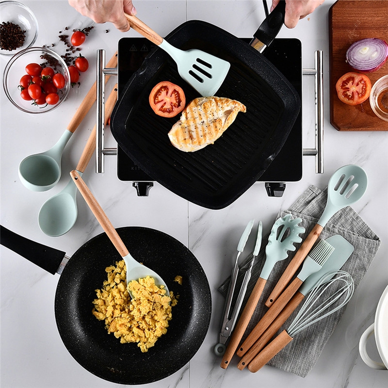 NA| Silicone Kitchen Cooking Utensils Natural Wood Handle Cooking Tools Turner Tongs Spatula Spoon with Organizer - Blue