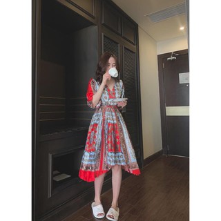 Váy dập ly họa tiết eo thun