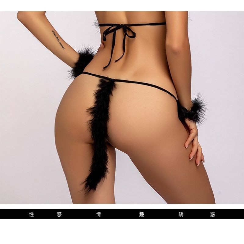 Bộ đồ lót cosplay mèo đen có đuôi mỏng manh phối lông | BigBuy360 - bigbuy360.vn