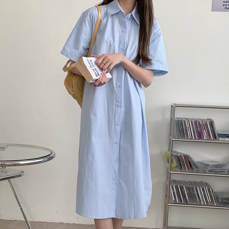 Váy sơ mi tay ngắn vintage màu trắng xanh hàng Quảng Châu