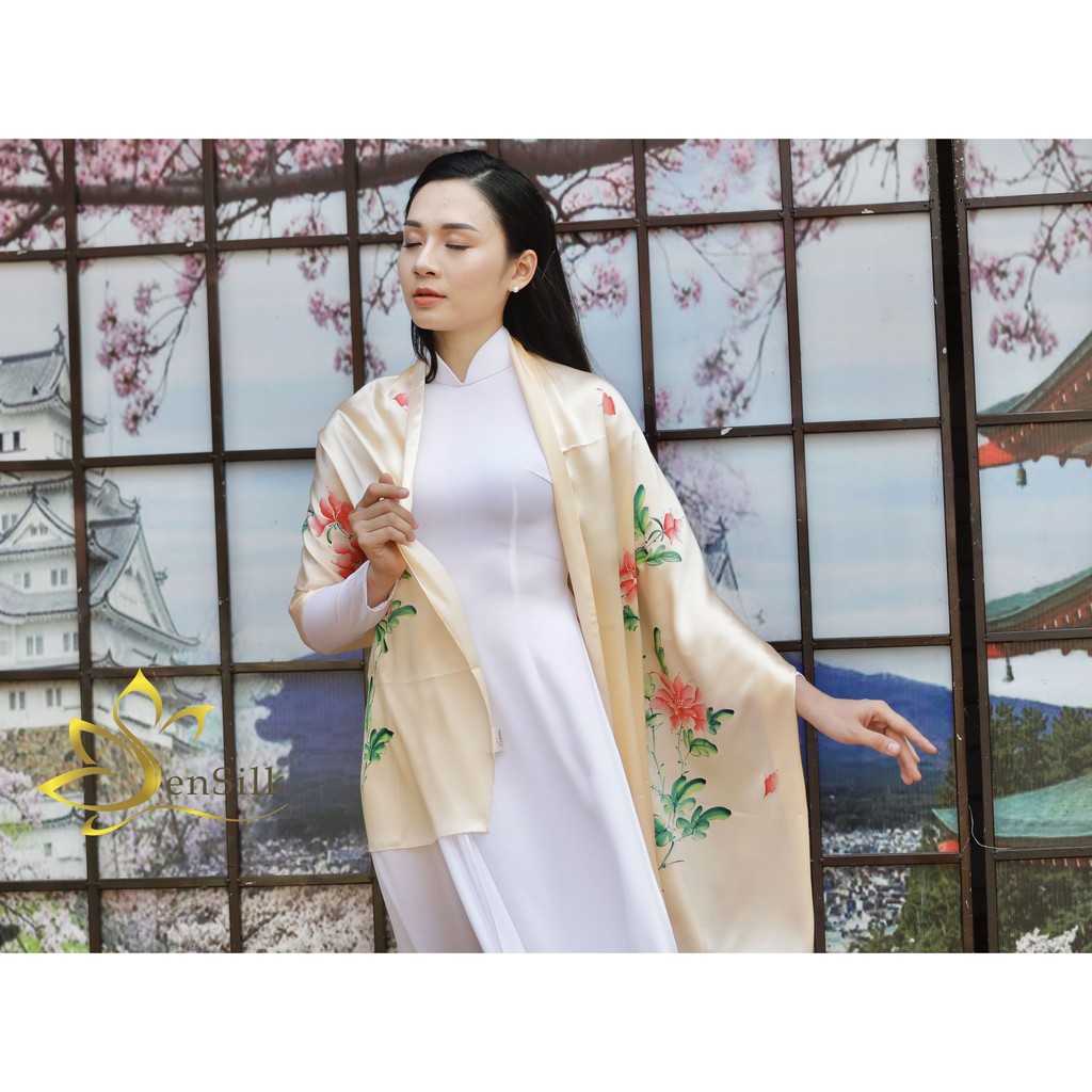 Khăn Lụa Thời Trang Vẽ Tay Hoa Mẫu Đơn SenSilk 180x55cm, Khăn Quấn Cổ Cao Cấp bằng Lụa, Silk Hand Painting Scarf
