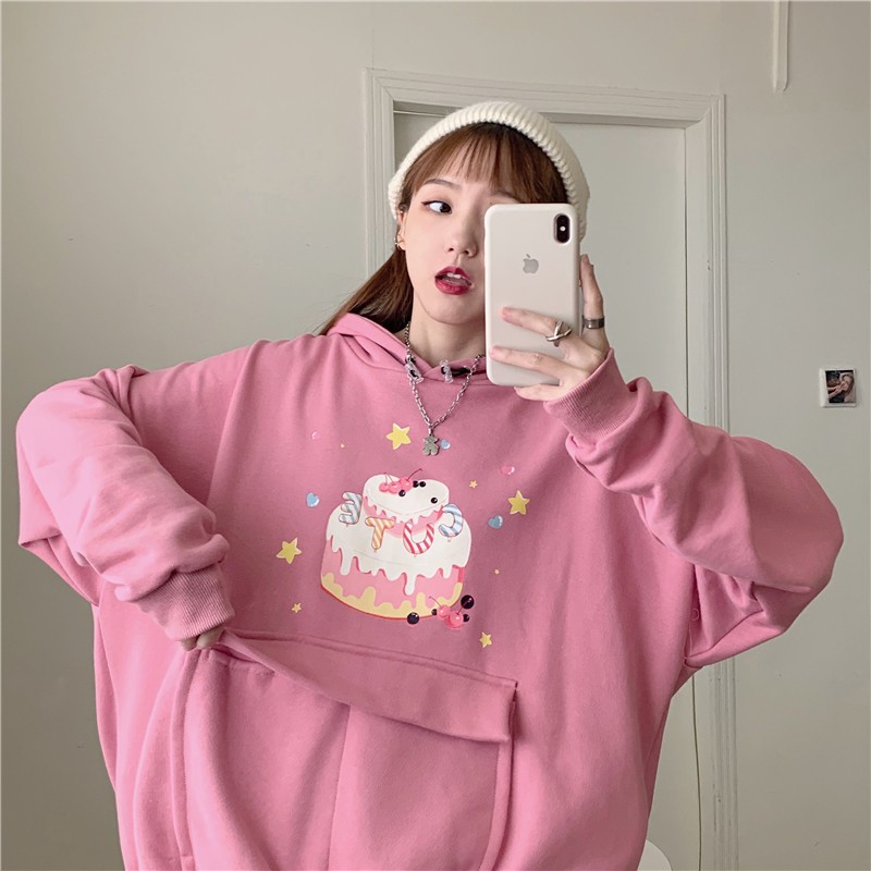 Áo hoodie tay dài có túi in hình bánh kem sinh nhật ulzzang ( 2 màu )