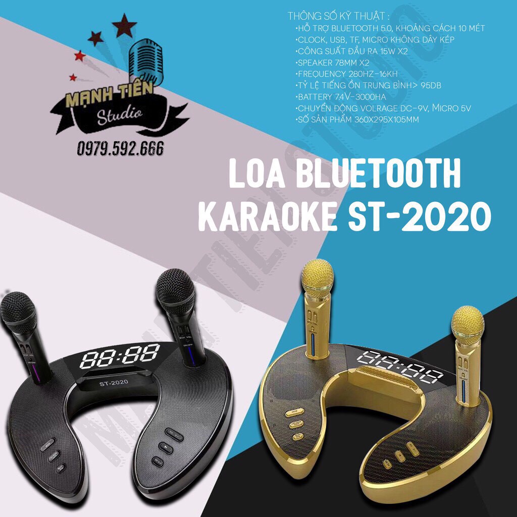 [GIÁ RẺ NHẤT] Loa bluetooth ST-2020 Không Dây Tặng 2 Micro Hát Karaoke, Livetream fb, Nghe nhạc ST2020 Bass Trầm - Chuẩn