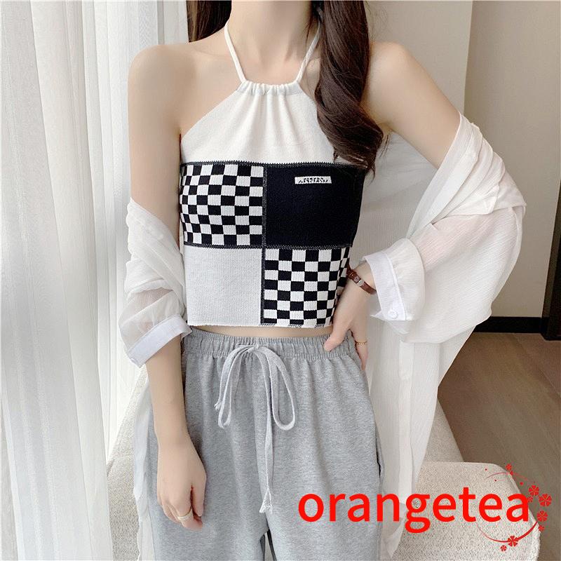 Ort-áo Hai Dây Hở Lưng Ghép Vải Kẻ Sọc Ca Rô Phong Cách Mùa Hè Giản Dị Cho Nữ