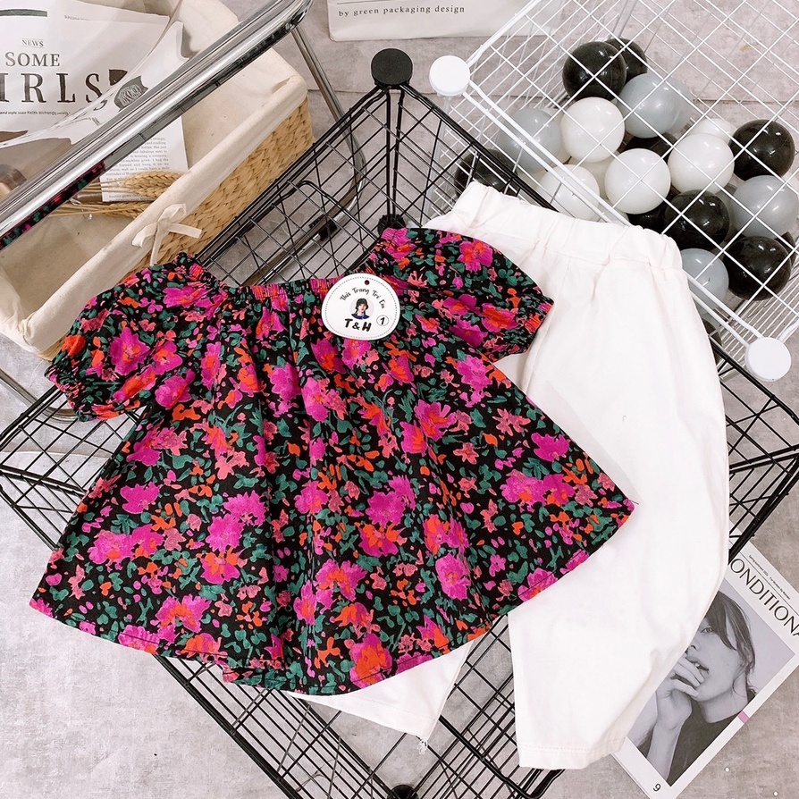 Đồ bộ bé gái, Set áo hoa tím cổ vuông tay bồng và quần legging vải zip tăm đáng yêu cho bé từ 7 đến 18 kg, SUN KID'S