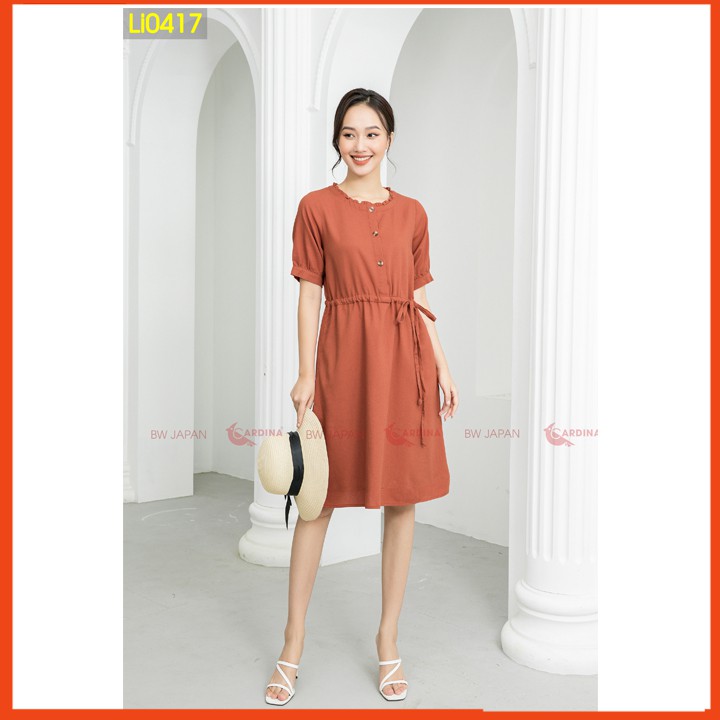 Váy Linen 𝐂𝐀𝐑𝐃𝐈𝐍𝐀Tay Lỡ Cổ Bèo, Đai Eo