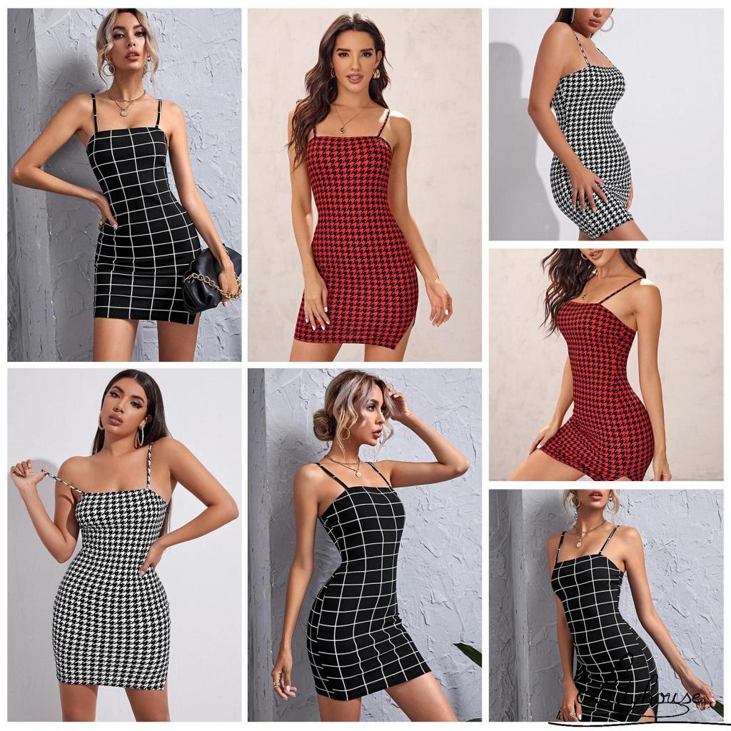 LD-Women’s Summer Sexy Suspender Dress Fashion Plaid Backless Tight-fitting Split Short Dress