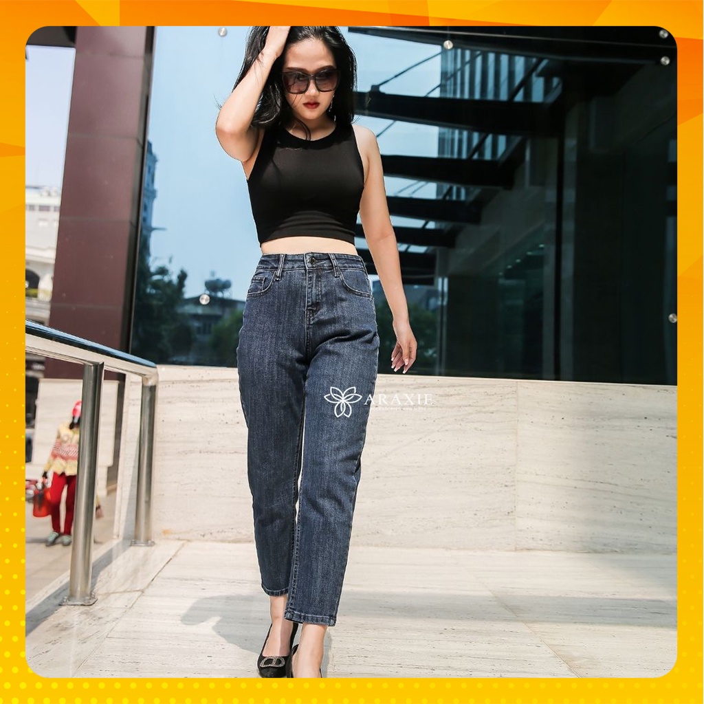 Quần jeans baggy nữ Araxie Quần bò baggy nữ cạp cao màu xanh co giãn tốt hack dáng JABG01