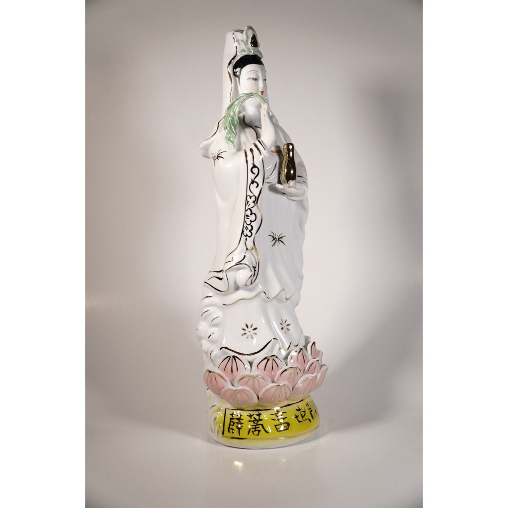 Tượng Phật Bà Quan Âm Bồ Tát gốm sứ đứng toàn sen hồng vàng - Cao 40cm