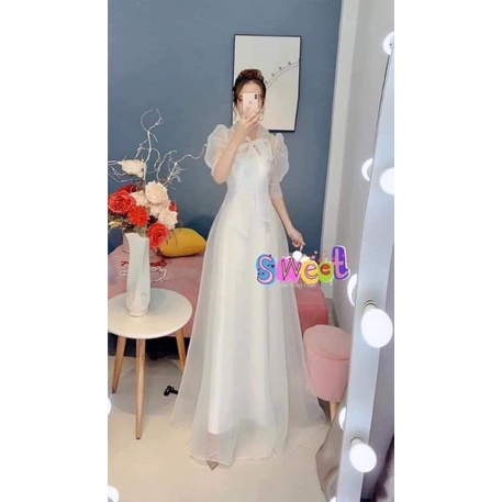Đầm váy dạ hội cô dâu đi bàn phối nơ cổ tiểu thư tay phồng dài và ngắn sang trọng thanh lịch
