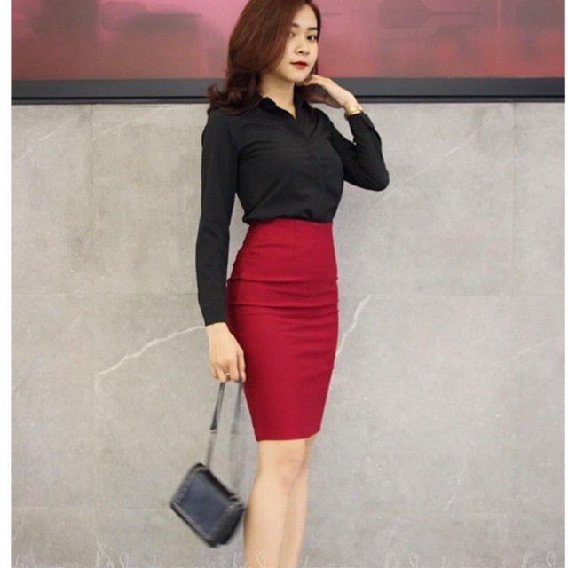Chân váy bút chì trên gối màu đen/ màu đỏ đô chất đẹp