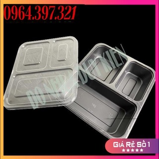 10 Hộp Cơm Văn Phòng Dùng 1 Lần , Khay Đế Đen Đựng Cơm 3 Ngăn HT19