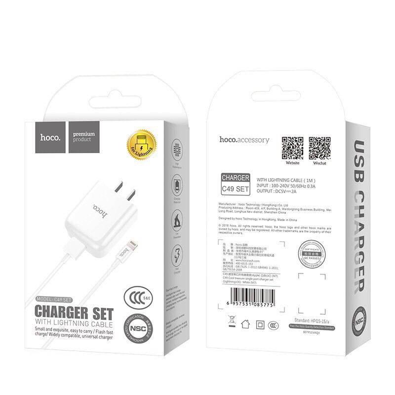 Cốc sạc nhanh hoco C49 kiêm dây sạc dòng 1 cổng USB 2A - Bộ sạc hoco C49 có dây lightning hoặc micro để lựa chọn