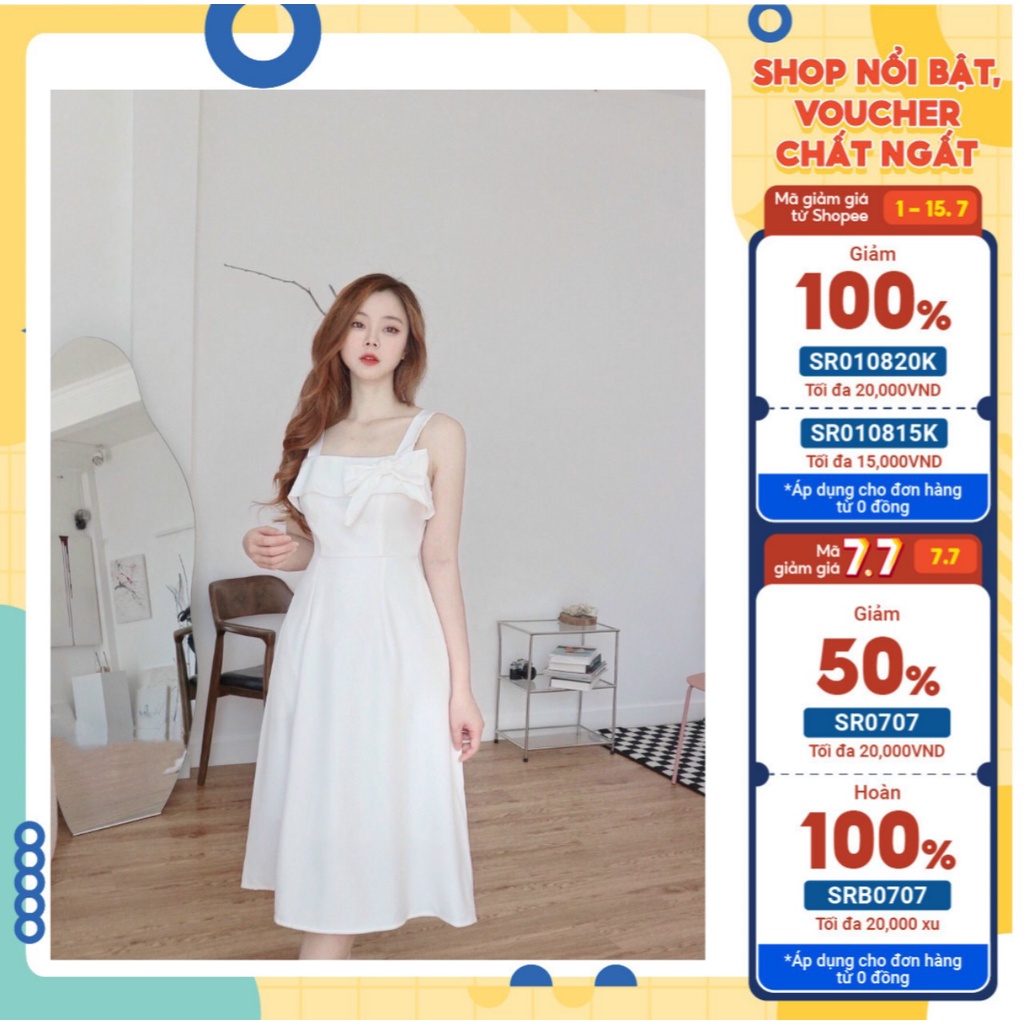 ĐẦM DỰ TIỆC TRẮNG MỊN MAY 2 LỚP TRỄ VAI DÁNG XÒE - Hình Shop Chụp Thật