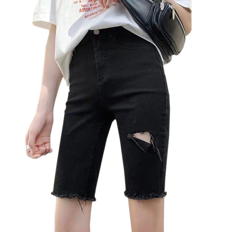 Brroa Quần Short Jean Rách Cạp Cao Ôm Dáng Viền Thô Rách Gối Cổ Điển Dài Đến Đầu Gối Cho Nữ Sh