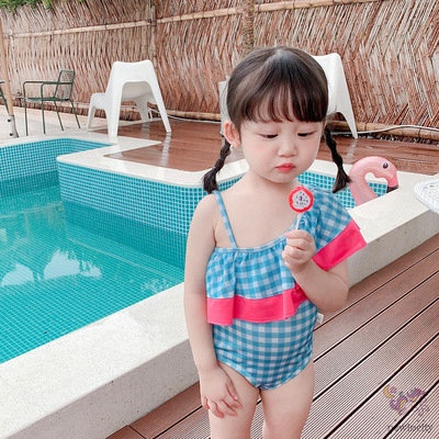 Bộ Đồ Bơi Một Mảnh Không Tay Họa Tiết Sọc Caro Kèm Mũ Phong Cách Hàn Quốc Cho Bé Gái