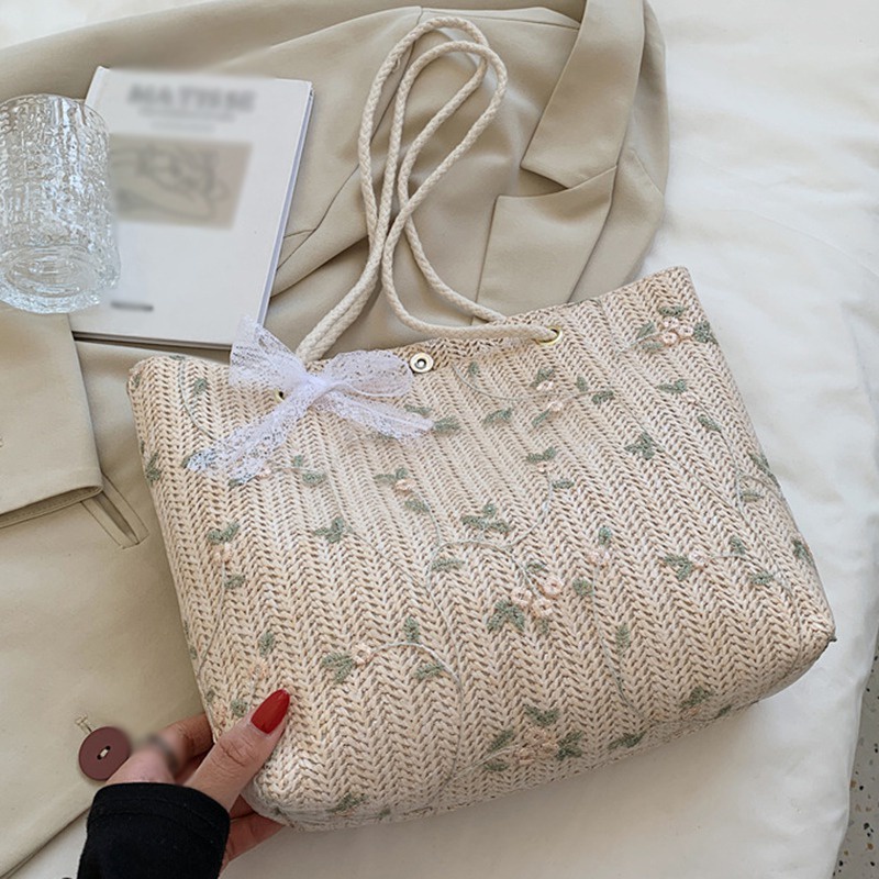 Túi Xách Nữ Túi Cói Đeo Vai Sức Chứa Lớn Phối Ren Thêu Họa Tiết Phong Cách Phương Tây Thời Trang Cho Nữ