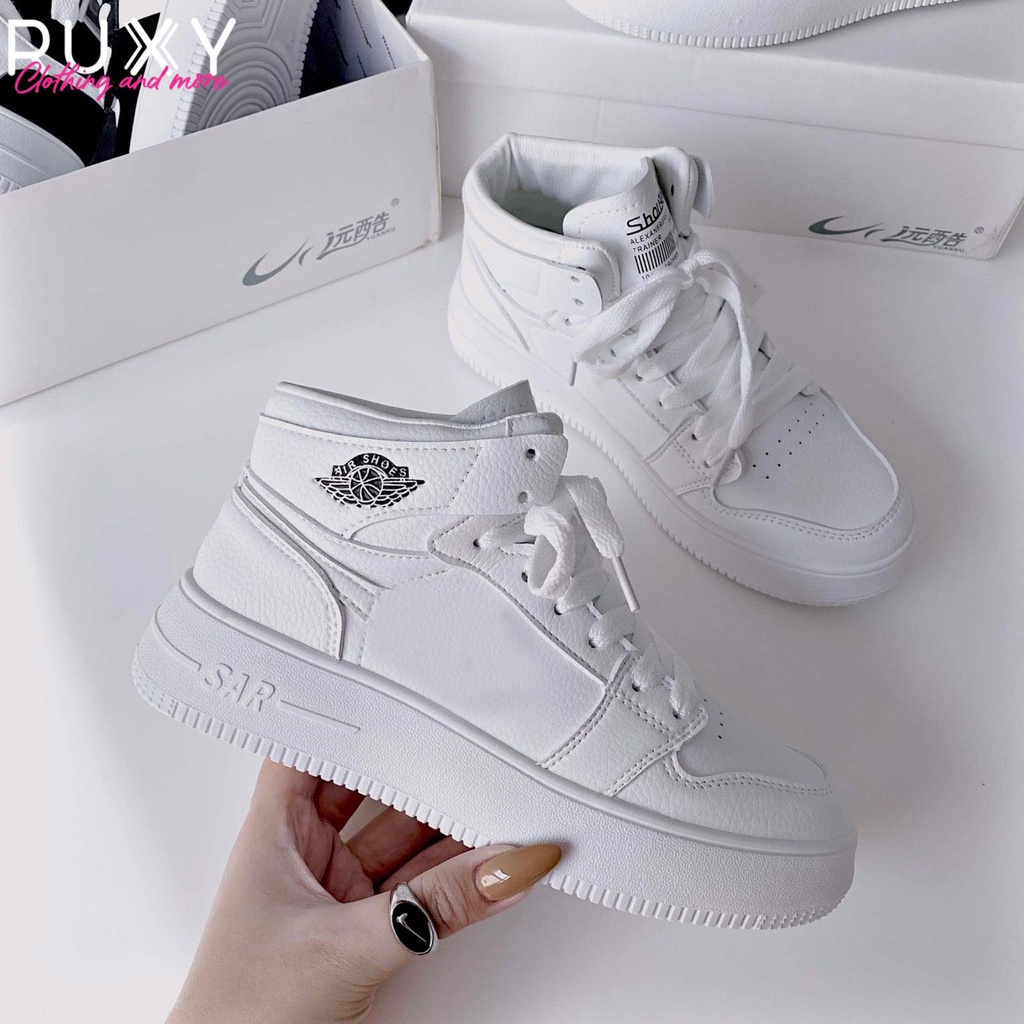 Giày Sneaker Thể Thao Nữ Cao Cấp AJ 1 Đế Độn Trắng Đen Cổ Cao