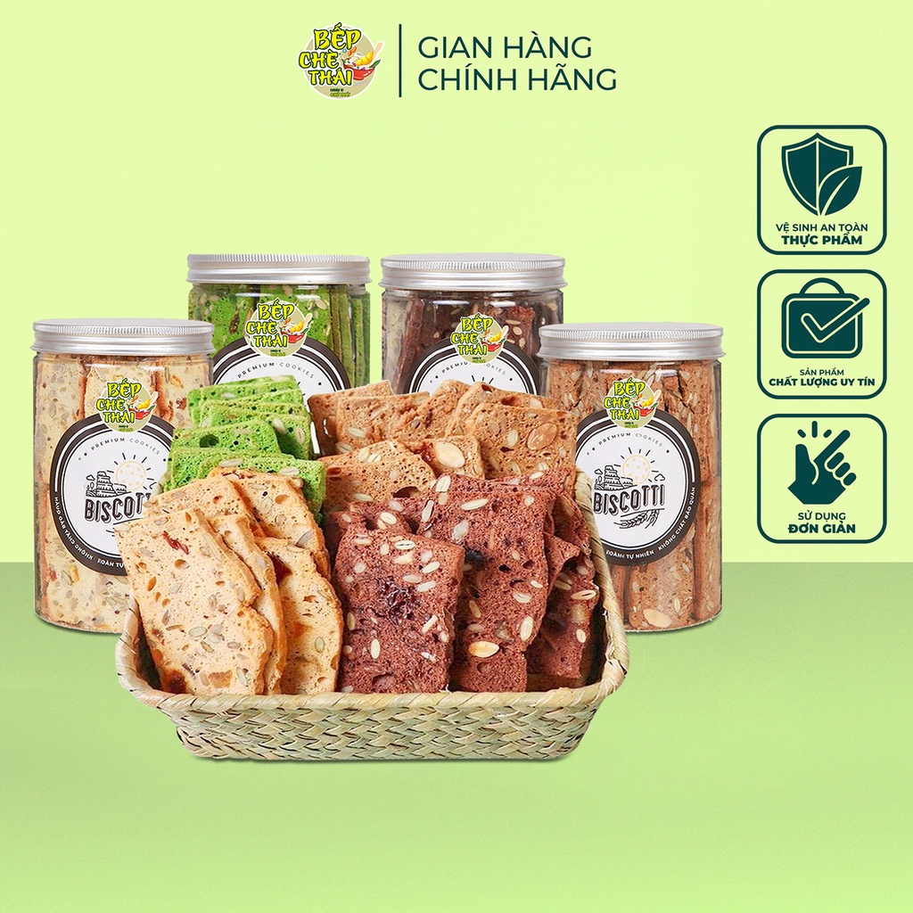 Bánh Biscotti Ăn Kiêng Mix 4 Vị Sữa Dừa Vani Chocolate Matcha - Hũ 250gr - Bếp Chè Thái
