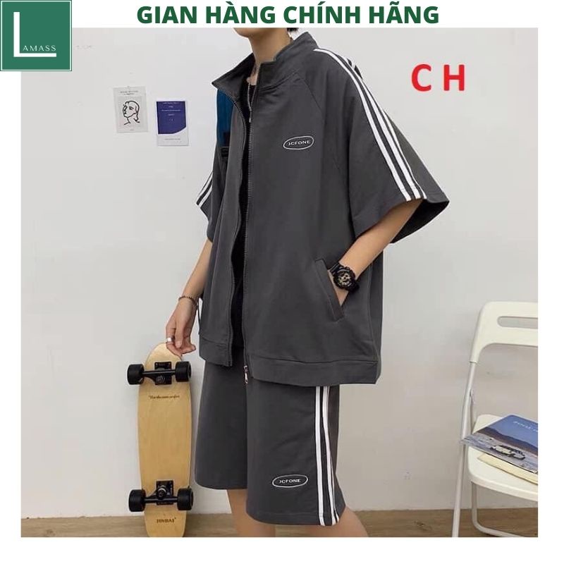 Bộ thể thao unisex hàn quốc có khóa kéo 2 mầu trắng xám ulzzang vintage -LAMASS