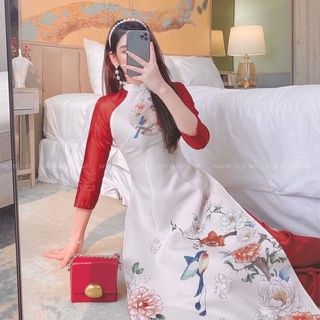 Áo dài lụa vân cao cấp in hình 3d thiết kế phối tay đỏ tafta nhũ - mã a8