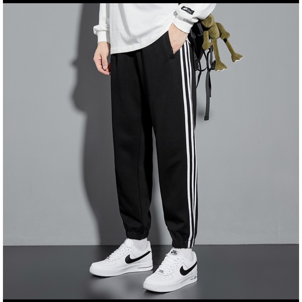 Size 38-100kg Quần Jogger ống rộng bo thun Thêu 3 sọc cho Nam Nữ Ulzzang Unisex