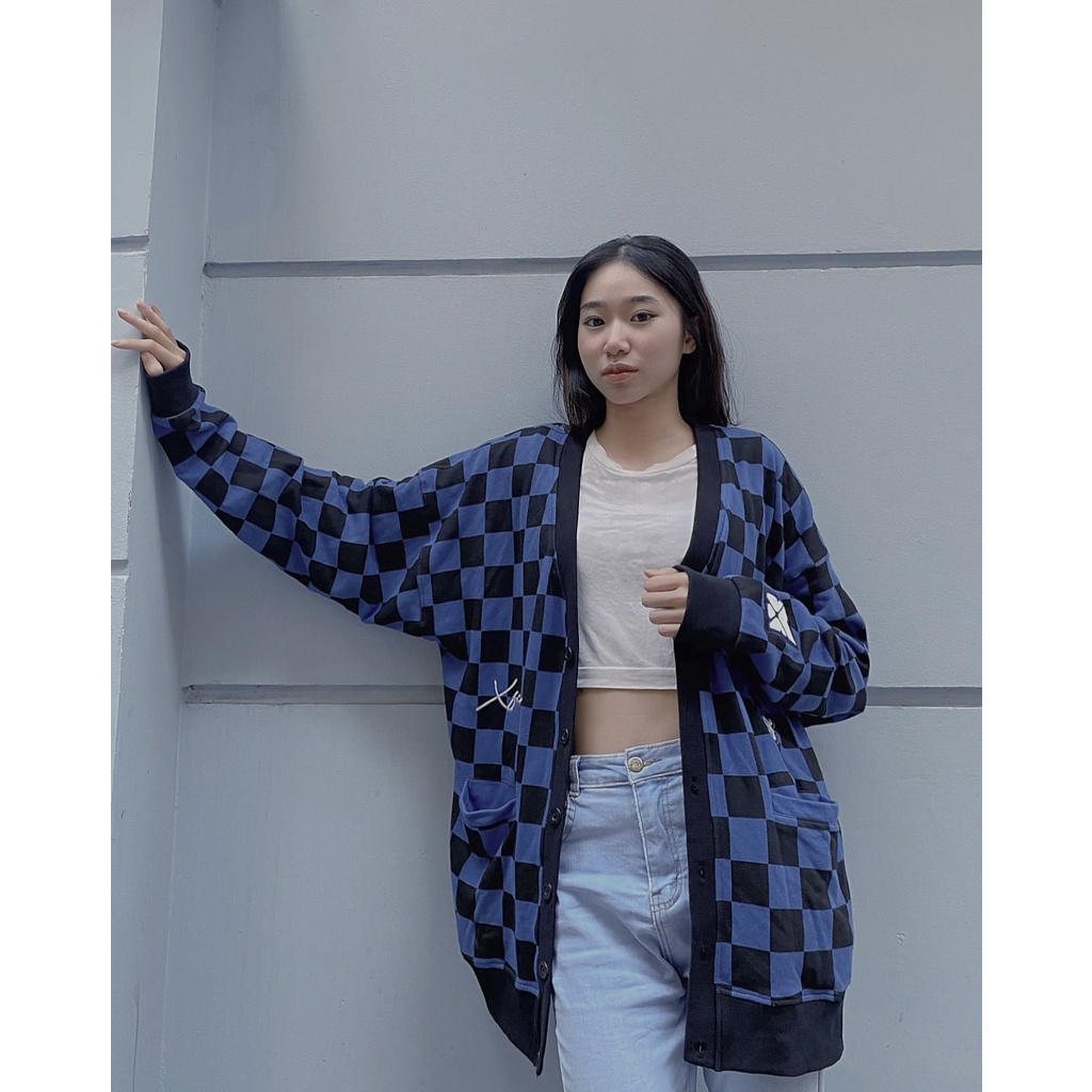 Áo Khoác Nam Nữ Cardigan Màu Caro Đen Xanh Thêu Logo Chất Nỉ Oversized Thương Hiệu By Xfire CARD-CARNI-BC622