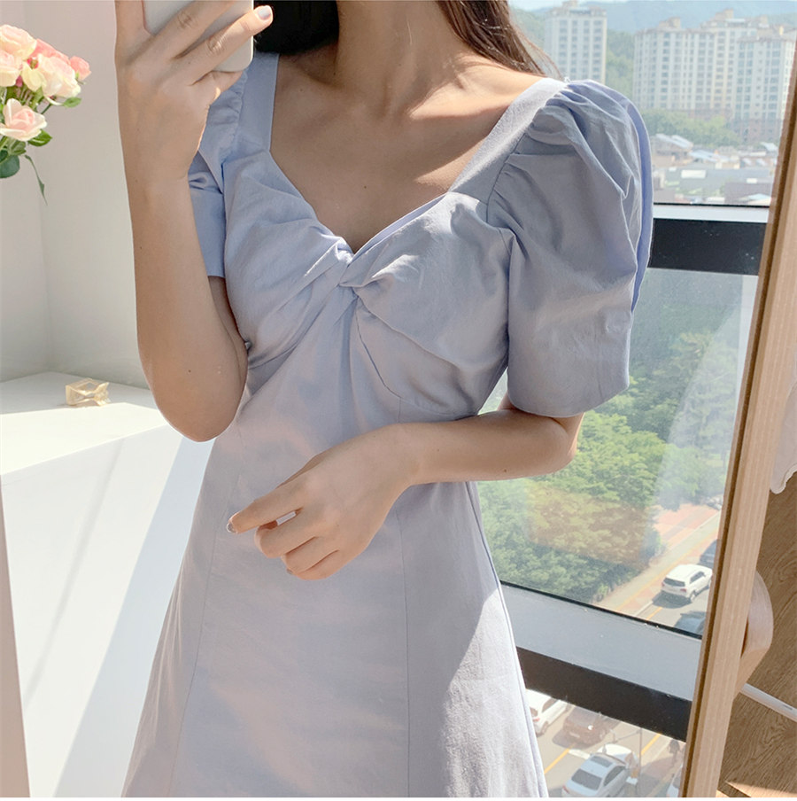 Đầm Midi Tay Ngắn Cổ Rộng Màu Trơn Đơn Giản 34395