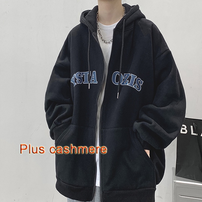 Áo khoác cardigan thể thao dây khóa kéo có mũ trùm phối nhung thời trang xuân thu phong cách cổ điển kiểu Mỹ cho nam