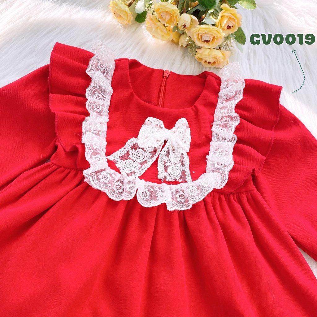 Váy Nhung Đỏ Phối Nơ Ren Tết Cho Bé Gái MINTSCLOSET Size 0-4 Tuổi - GV0019