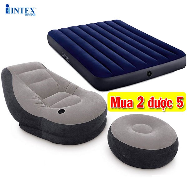 Bộ combo ghế hơi tựa lưng và đệm đôi 1m37 INTEX tặng kèm bơm điện + gối hơi + bộ vá