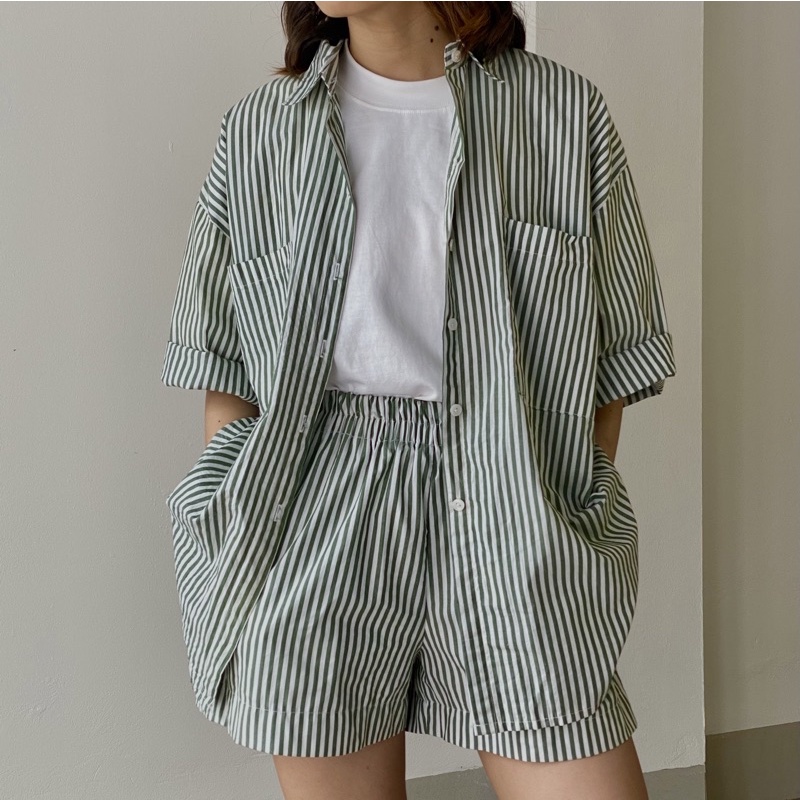 unleashedvn NIGHTY NIGHT COTTON SET - Set áo sơ mi cộc tay form rộng túi ngực và quần đùi cạp chun