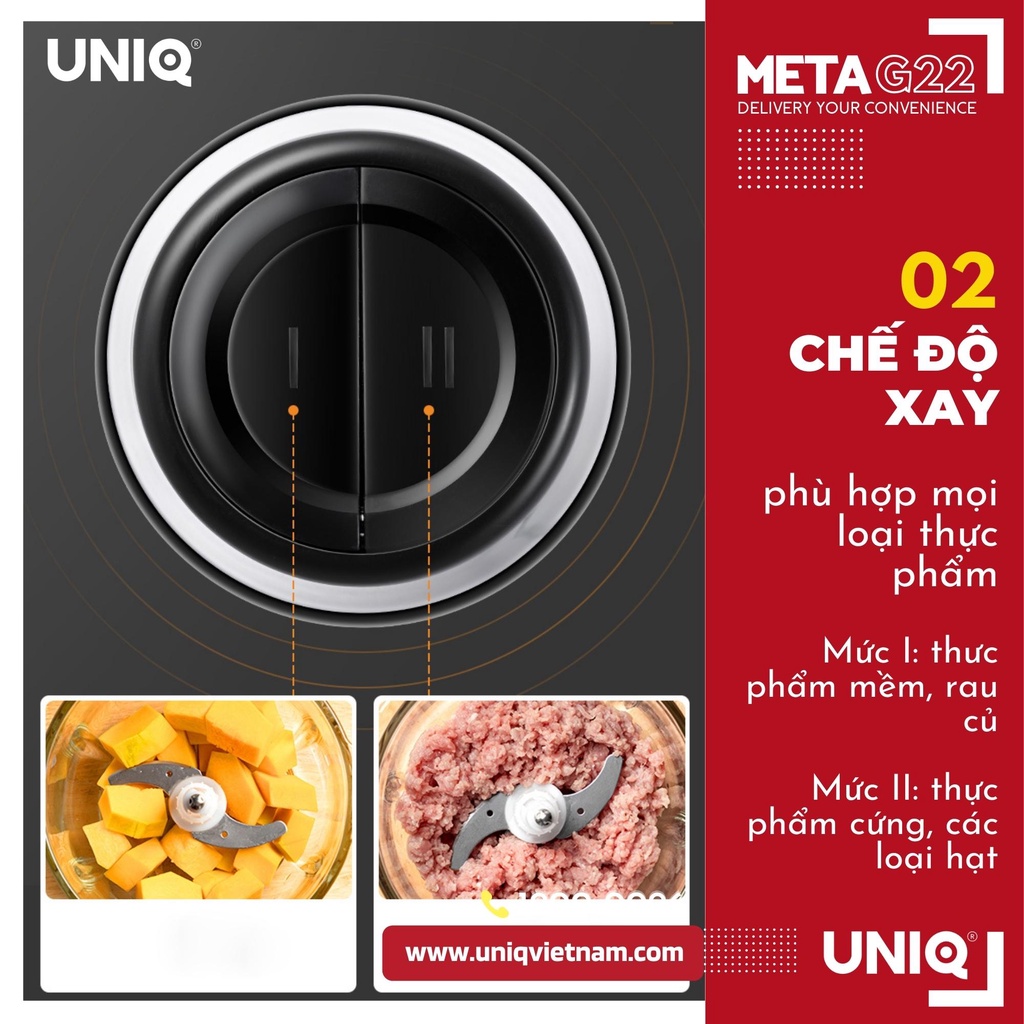 Máy xay thịt mini cầm tay gia đình UNIQ Meta G22 (2L) công suất lớn 300W lưỡi dao kép xay rau củ tỏi ớt giò chả gia vị