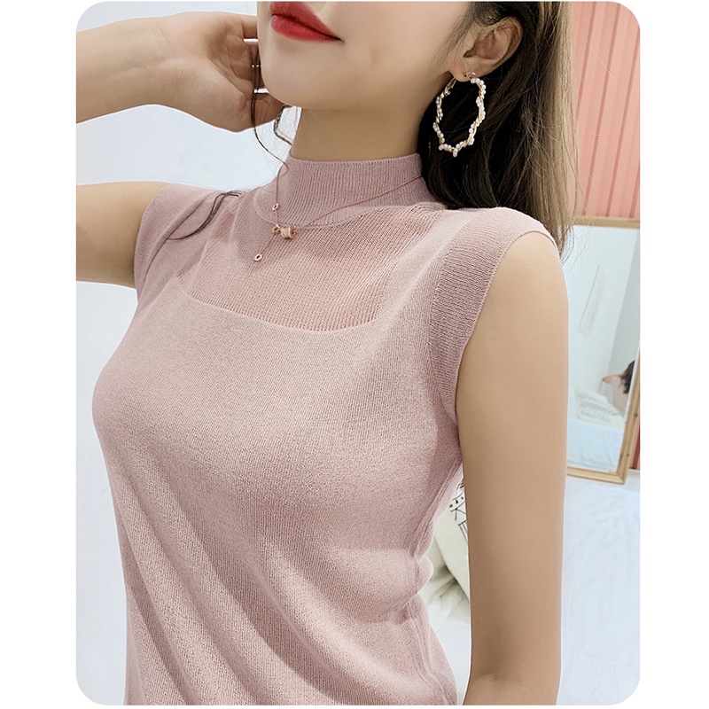 Áo Dệt Kim Sát Nách Cổ Lọ Dáng Ôm Co Giãn Thời Trang Mùa Hè Phong Cách Hàn Quốc Cho Nữ Có 9 Màu