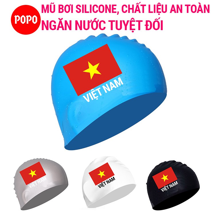 Mũ bơi người lớn silicone CA40 chính hãng POPO in Cờ Việt Nam nón bơi người lớn (nam, nữ) ngăn nước dùng thi đấu tập bơi